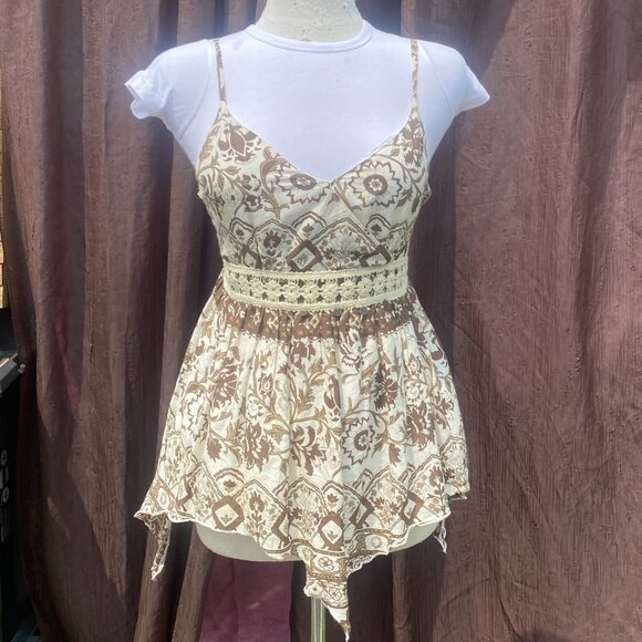 Tops - Asymmetric Boho Paisley Tank Top Lace Trim Halter Camisole Earthy Size S